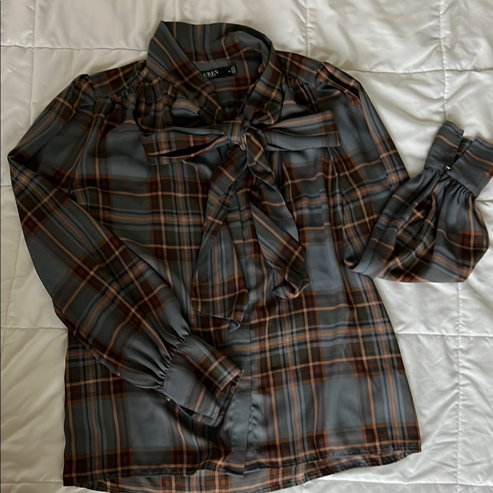 Plaid Bow-Tie Blouse - Gray and Brown